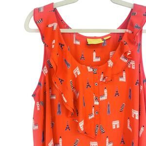 Maeve by Anthropologie Orange Aurielle Landmarks Ruffle Blouse Size 14